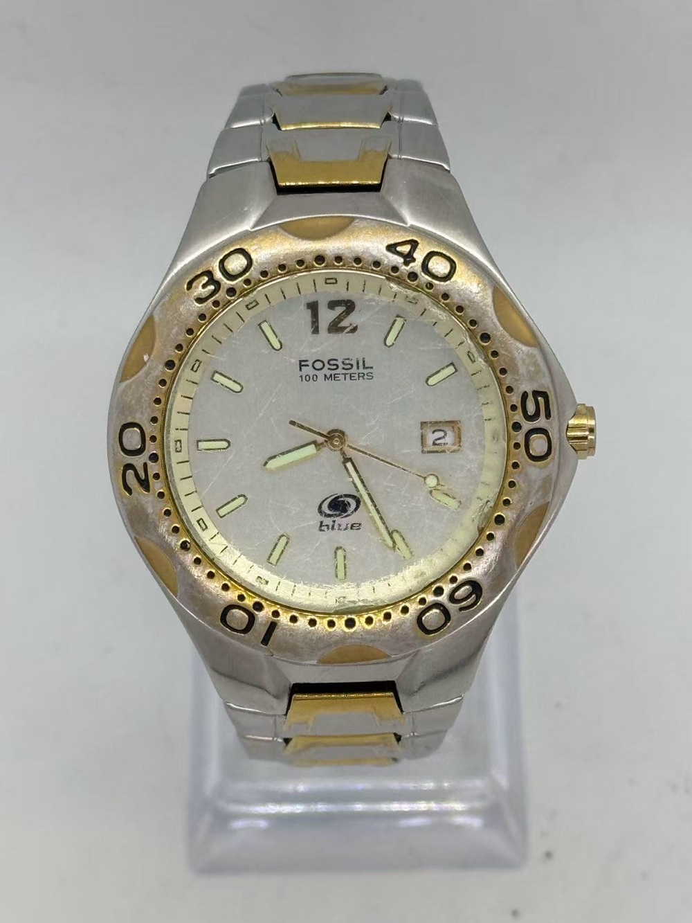 Vintage Fossil Blue Men’s Quartz Watch 39mm Two Tone 100M Date New Battery Runs